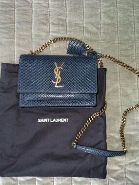 Saint Laurent Navy Textured Leather Crossbody with Gold Hardware